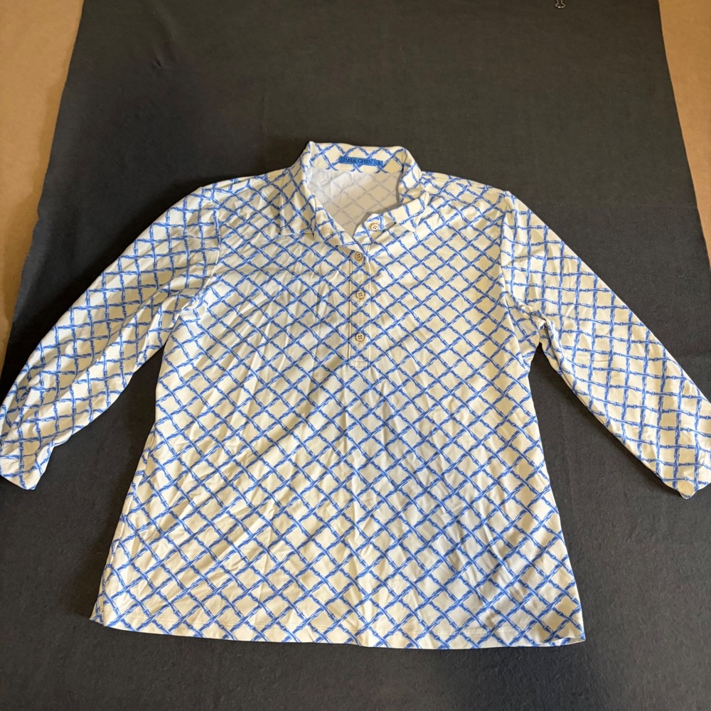 J. McLaughlin Blouse Top Womens XL White Blue Print Bamboo Catalina Cloth Core